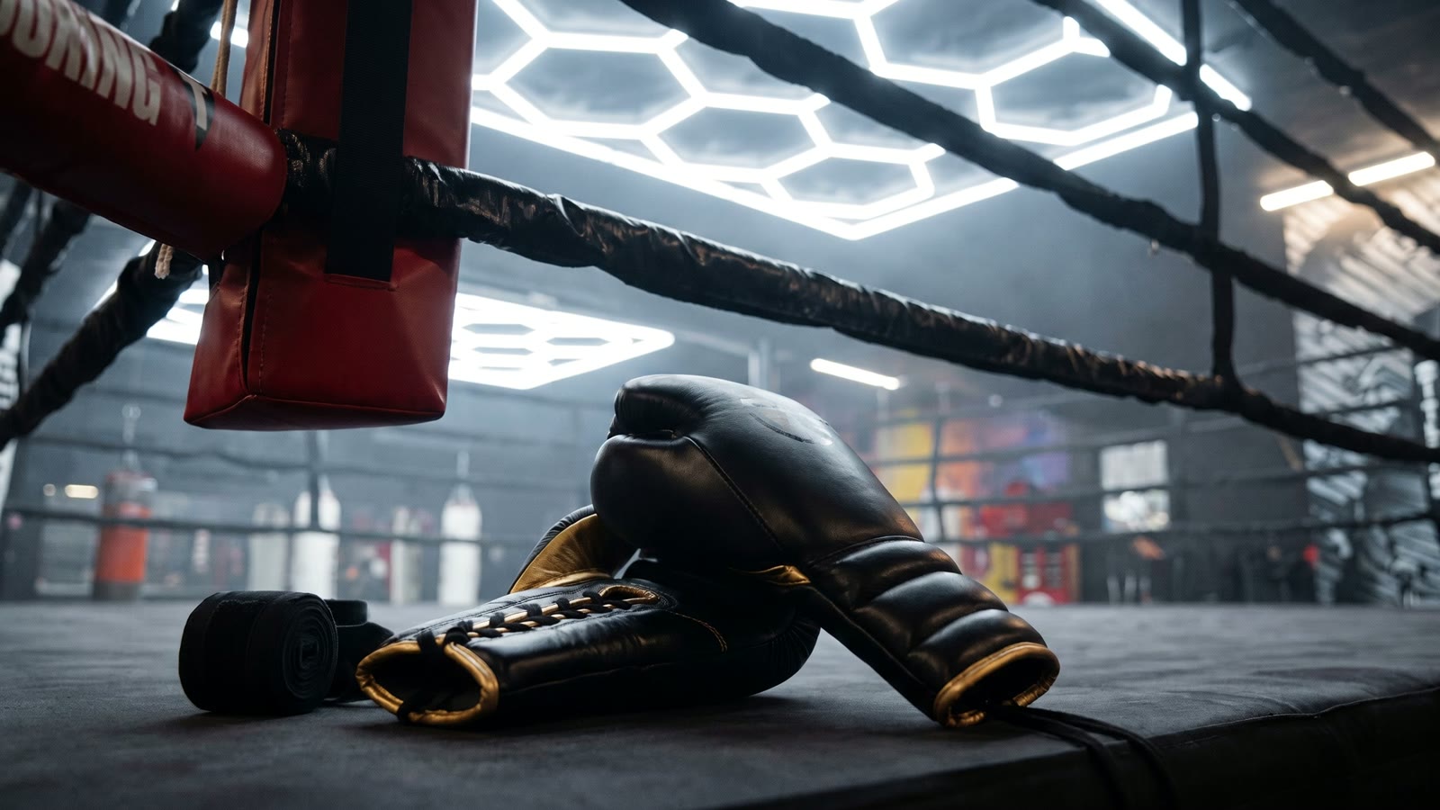 A pair of black and gold boxing gloves resting on the ring canvas at Franklin Gym