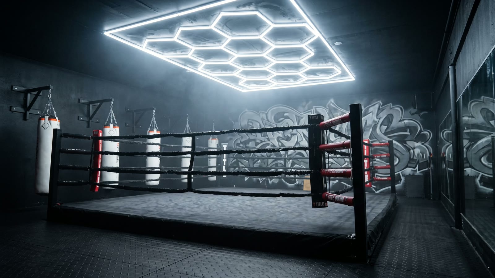 The Franklin Gym boxing ring under a glowing hexagonal LED ceiling, with white heavy bags and a graffiti mural